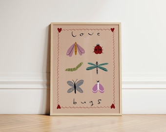 Love Bugs Print, Eclectic Illustration Art, Bedroom Art, Animal Illustration, Nursery Wall Art, Eclectic Nursery, Kids Room, UNFRAMED