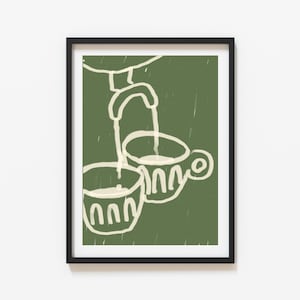 May include: A framed illustration of two white cups with a spout pouring into one of the cups. The background is a dark green color.