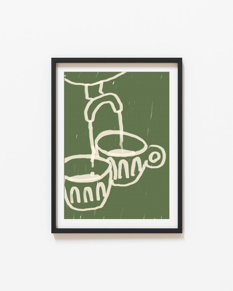 May include: A framed illustration of two white cups with a spout pouring into one of the cups. The background is a dark green color.