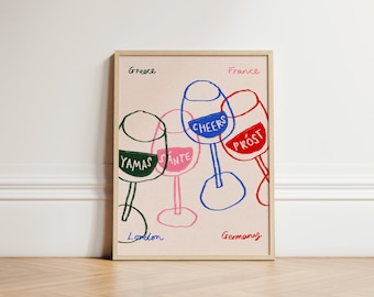 Stampa di bicchieri Cheers, stampa artistica di poster Cin Cin, stampe da cucina, decorazione da parete per carrello bar, bicchieri colorati per bevande, arte da parete per cucina, SENZA CORNICE