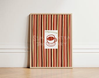 Cappuccino Coffee Print, Striped Kitchen Wall Art, Retro Coffee Poster, Cafe Wall Decor, Coffee Cup Illustration, Colourful Kitchen UNFRAMED