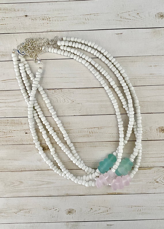 Sea Glass Choker, White Seed Bead Necklace, Beach Jewelry, Best