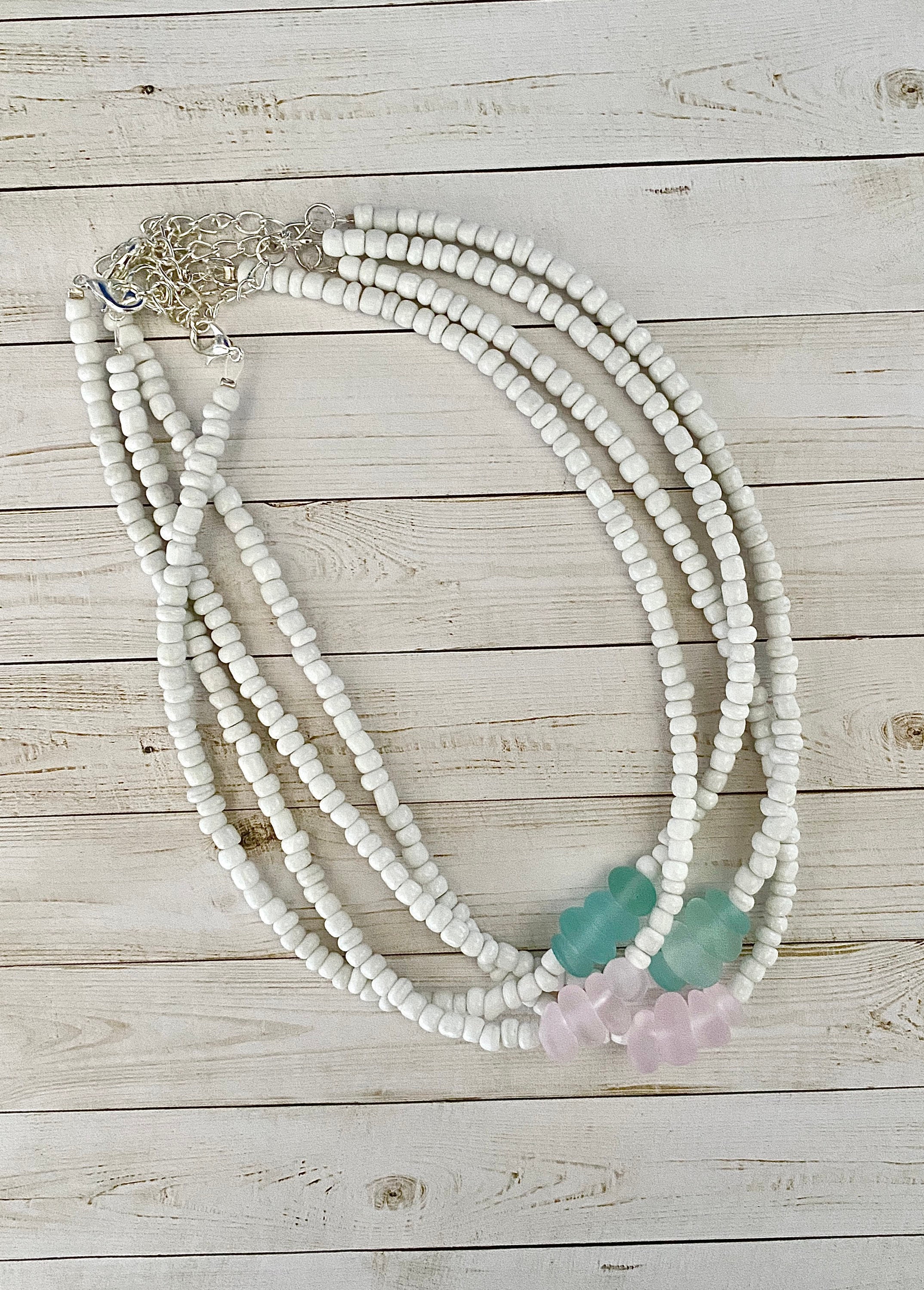 Sea Glass Choker, White Seed Bead Necklace, Beach Jewelry