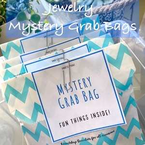 May include: A selection of jewelry mystery grab bags in a clear container. The bags are white with a blue chevron pattern and a label that reads "MYSTERY GRAB BAG FUN THINGS INSIDE!" Silver paper clips hold the bags together. The text "Friendship Bracelets for all occasions" is also visible.