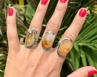 RAW CITRINE RING ~ big handmade rings for women ~ alpaca silver rings with natural gem ~ rough natural gem ~ citrine raw crystal ~ peru ring