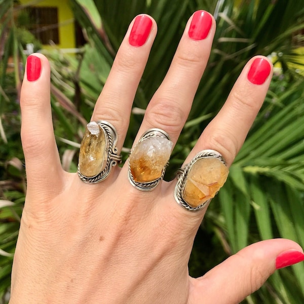 BAGUE CITRINE BRUTE ~ grosses bagues faites main pour femme ~ bagues en argent alpaga avec gemme naturelle ~ gemme naturelle brute ~ cristal brut citrine ~ bague pérou