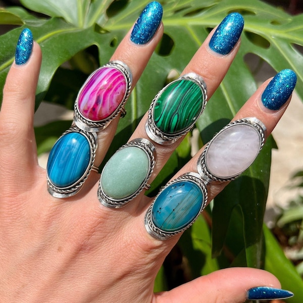 BIG OVAL RING ~ large crystal rings for women ~ red agate gemstone statement ring  ~ adjustable ring moonstone malachite rose quartz agate