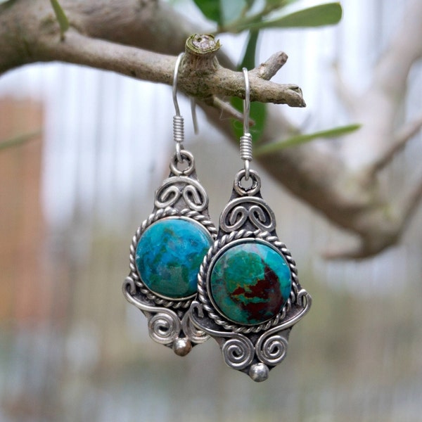 ARTISANAL STONE EARRINGS round ~ sterling silver earrings ~ chrysocolla sodalite earrings ~ blue gem earrings ~ green crystal earrings