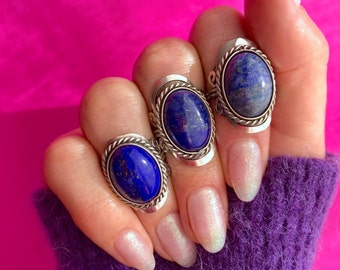 LAPIS LAZULI RING oval ~ alpaca silver ring with blue stone ~ blue gem stone ring for women ~ birthstone ring ~ big boho hippie ring crystal