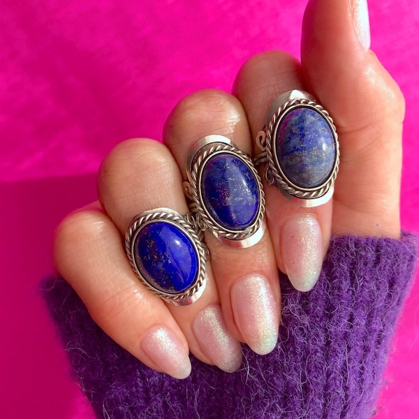 BAGUE LAPIS LAZULI ovale ~ bague en argent alpaga avec pierre bleue ~ bague avec pierre précieuse bleue pour femme ~ bague avec pierre de naissance ~ grosse bague hippie bohème en cristal