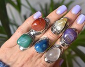 Tumbled Stone Peruvian Rings for Women Men Alpaca Silver Ring Natural Stone Ring Big Crystal Ring Boho Hippie Ring Gemstone Ring