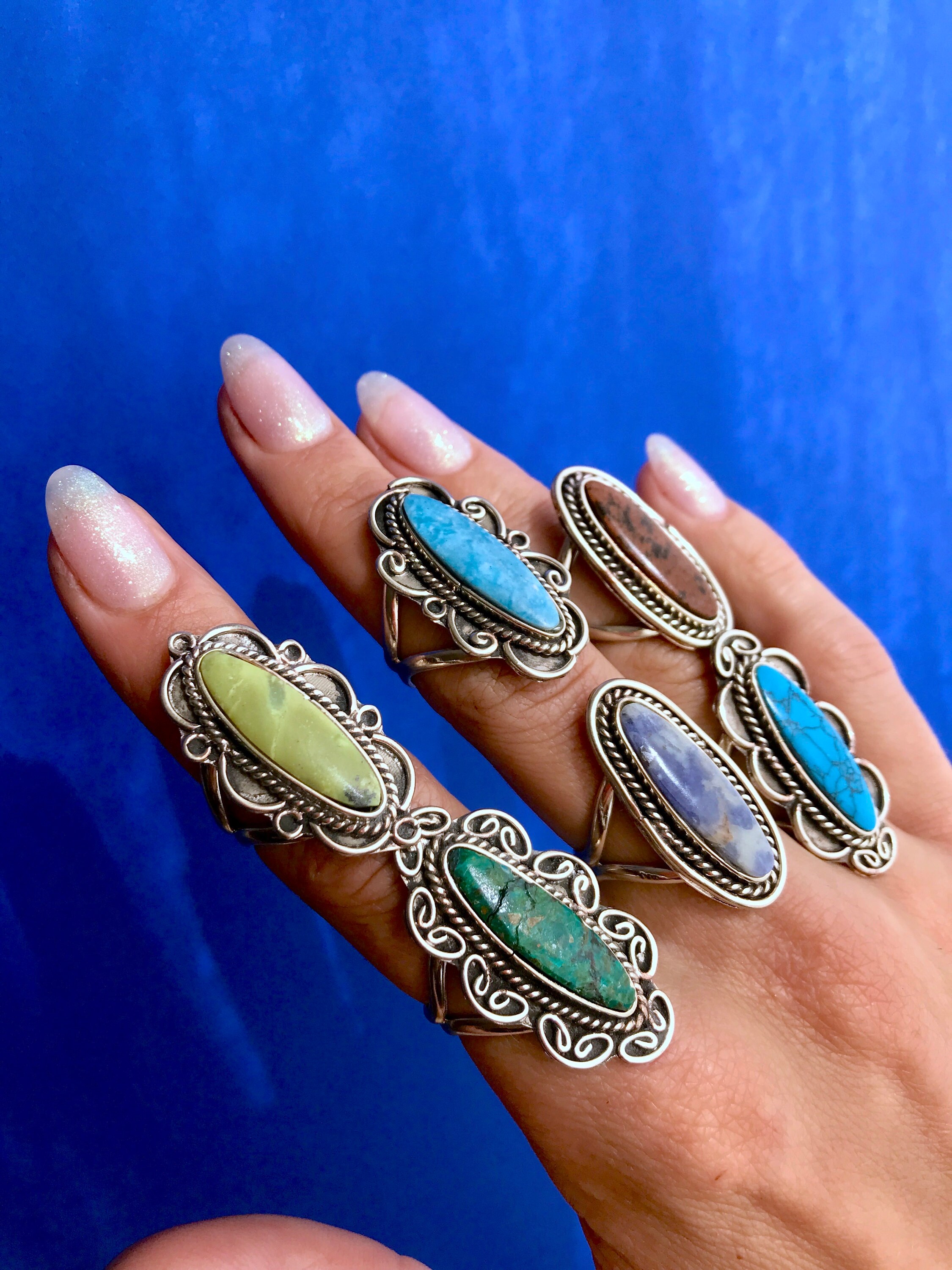ARTISANAL LONG RING Adjustable Ring With Blue Green Stone Handmade