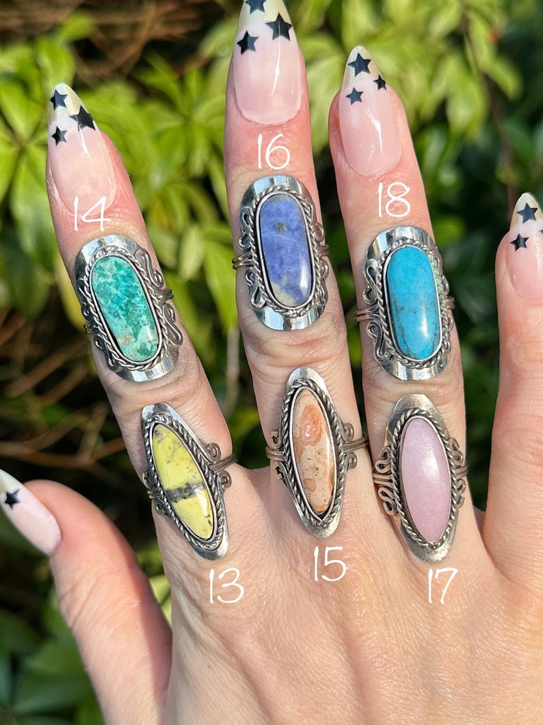 LONG STONE RING large crystal rings for women chrysocolla gemstone statement ring big adjustable ring tourmaline serpentine sodalite image 4