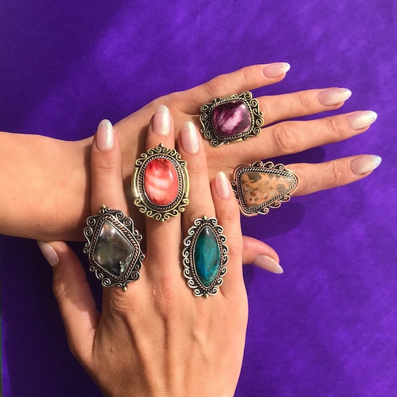 STATEMENT GEM RING Chrysocolla Spondylus Abalone Jasper Sodalite