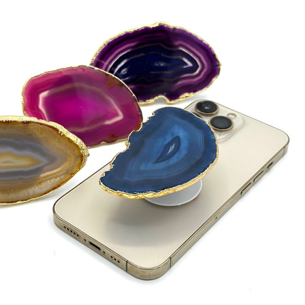 AGATE PHONE GRIP ~ real stone pop socket ~ pink blue green crystal for phone ~ phone holder natural gem gold trim ~ gift for women unique