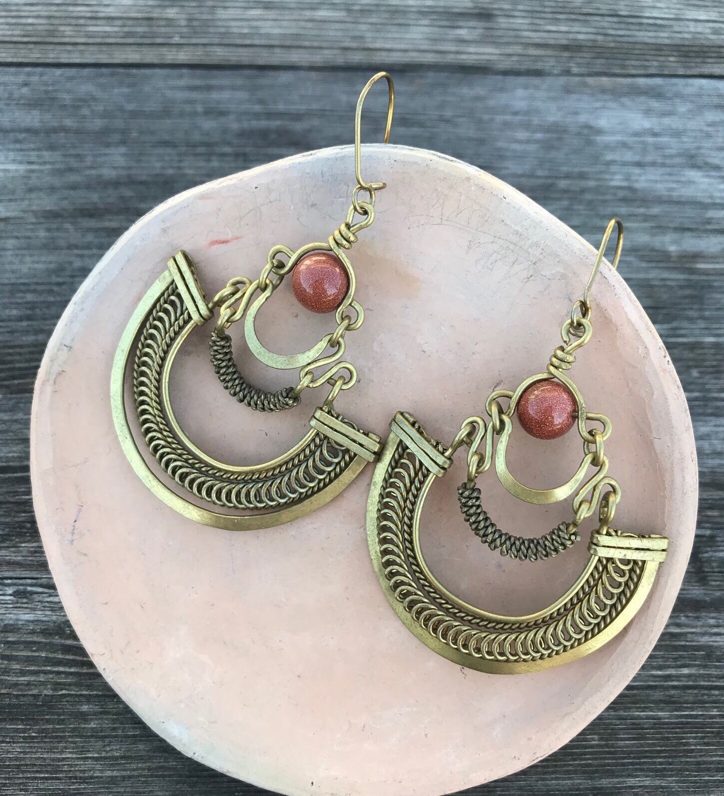 Brass Half Moon Earrings / Red Goldstone Earrings / Big Gold Gypsy Earrings / Hippie Brass Hoops