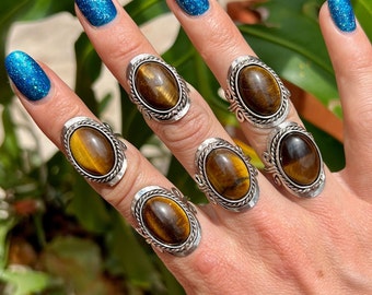 TIGER'S EYE RING oval ~ alpaca silver ring for women and men ~ ring with tiger eye gemstone ring ~ boho hippie ring ~crystal ring adjustable