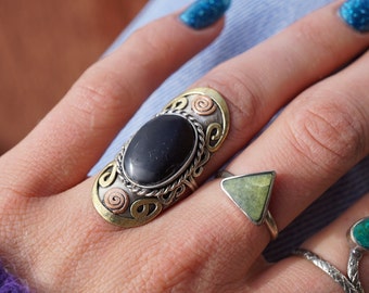 3 METALS RING ~ brass copper alpaca ring ~ gem rings for women ~ crystal rings for women ~ black stone ring men ~ chrysocolla ring mineral