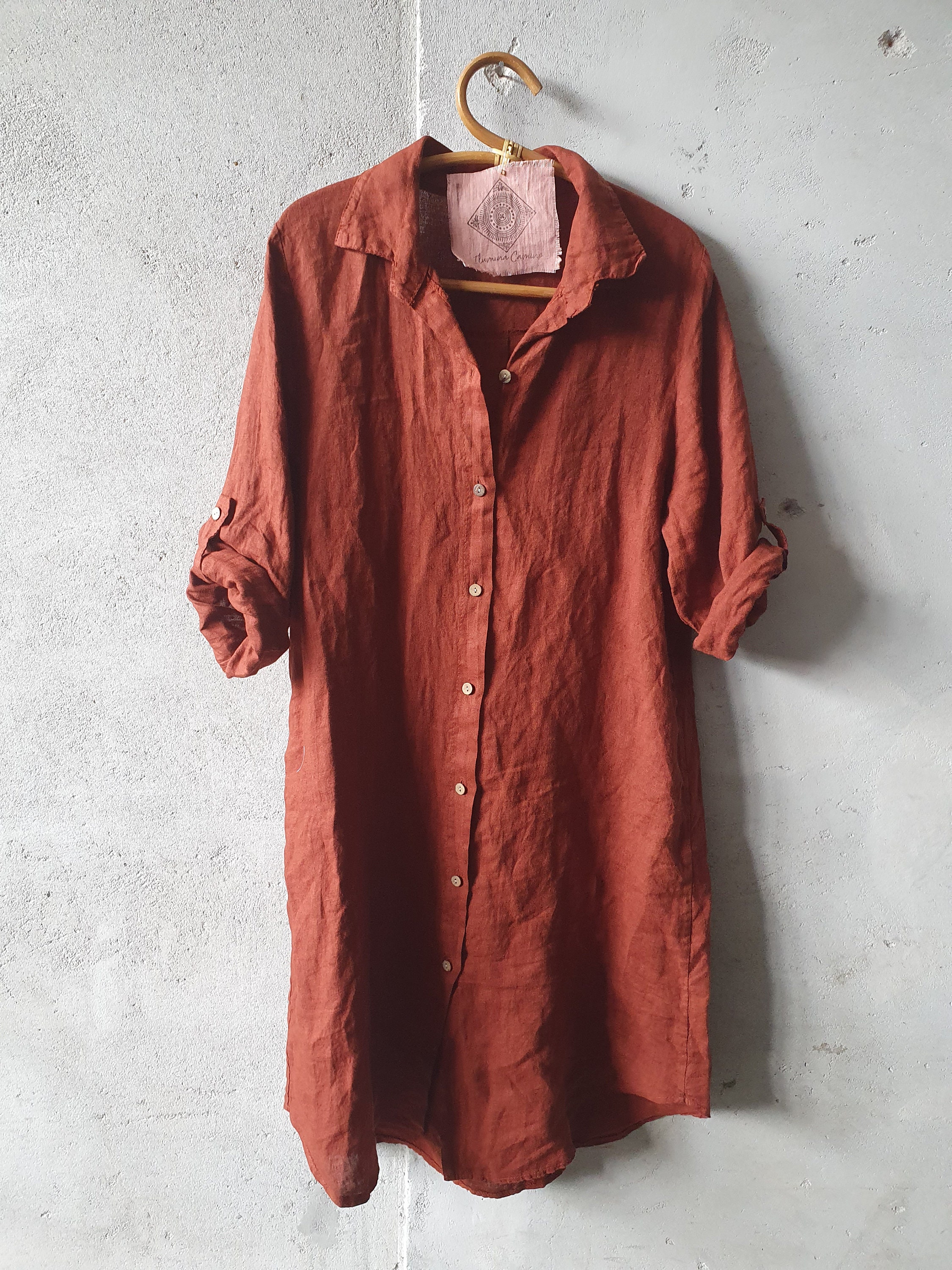 BURNT ORANGE Linen Button Down Dress with Long Sleeves / Long Linen ...