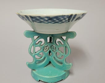 Antique Chinese Porcelain Underglaze Blue Bowl with Cobalt Blue Rim on Turquoise Stand