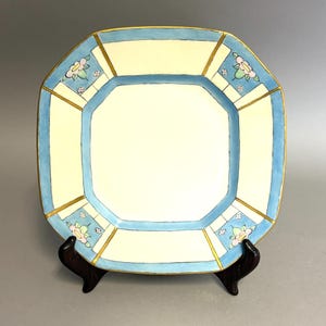 Rare L. Bernardaud & Cie Limoges France Hand-Painted Porcelain Plate | Octagonal Blue and Cream Border, Pink Floral | Art Deco