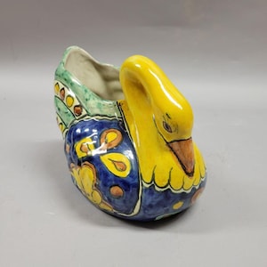 Vintage Mexican Pottery Swan Planter, Hand-Painted Talavera Style Vase