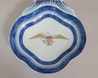Vintage Mottahedeh Diplomatic Rooms Eagle Porcelain Dish Blue White Americana Bowl