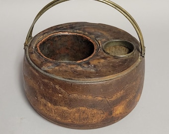 Antique Japanese Hibachi Brazier: Inlaid Wood Copper Planter