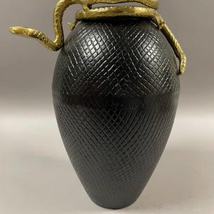 Textured Black Snake Vase – Gold Serpent Handle, Gothic Decor