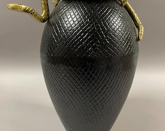 Textured Black Snake Vase – Gold Serpent Handle, Gothic Decor