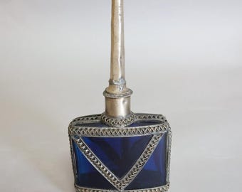 Vintage Moroccan Cobalt Blue Glass Vanity Bottle with Handcrafted Filigree, North African Decorative Bottle