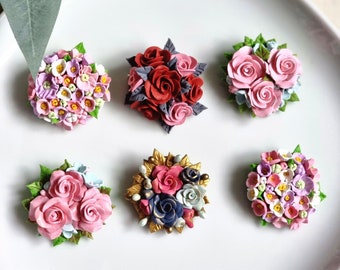 Polymer clay flower brooches/ pins/ floral brooches/ accessories/hijab pins/ muslimah/ fashion jewelry/ handmade handcrafted/cute pins