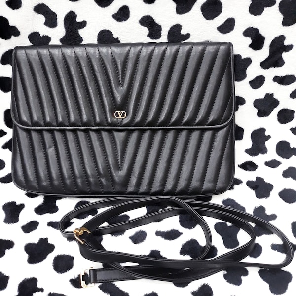 Little Fiber VINTAGE! Rare Vintage Valentino Garavani black leather Quilted Shoulder clutch crossbody bag