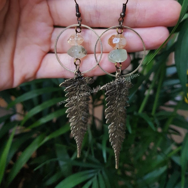 WOODLAND WITCH citrine prehnite Fern Bronze witchy crystal earrings, boho festival bohemian witchy wiccan gothic crystal earrings