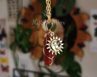 Golden sun Carnelian necklace, Celestial sun necklace, witchy gemstone gift necklace, whimsigoth handmade necklace, gold sun necklace