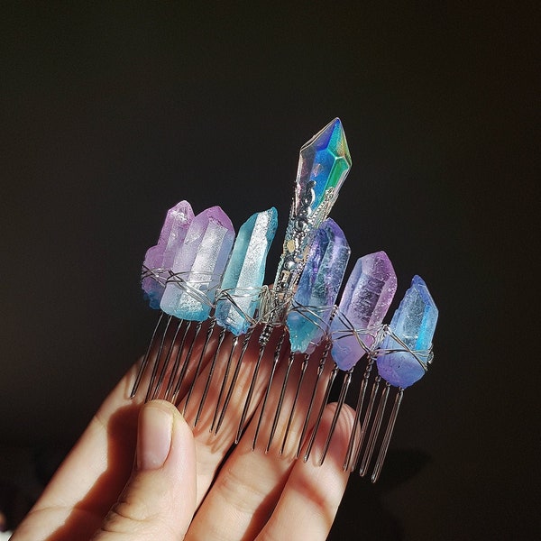 Cotton candy UNICORN crystal quartz hair comb, festival witchy elven boho mermaid crystal quartz crown comb hairpiece