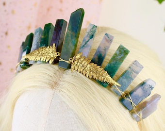 Moss agate crown, Green Crystal fairy tiara, Fantasy woodland tiara, Crystal Bridal crown Woodland Fae Headpiece, bohemian wedding tiara