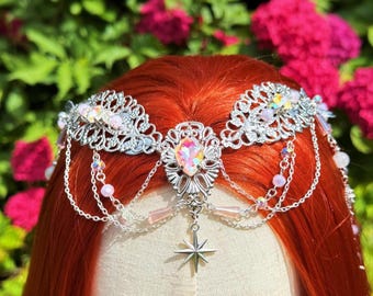 Silberne Elfen Tiara, Fantasy Krone für Cosplay, Jugendstil Haarschmuck, Renaissance Karneval Kostüm, Elfen Haarreif