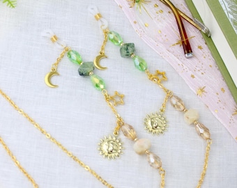 Green Glasses Chain, Celestial Charm Eyeglass Chain, Gemstone Glasses Lanyard, Witchy Eyewear Accessory, Fantasy Glasses Chain