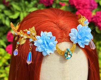 Blue Moon Tiara Gold, Flower Headpiece, Fantasy Elf Tiara, Elven bridal crown