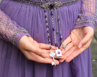 Amethyst Chatelaine Brooch, Gothic Fantasy Jewelry, Dark Academia Pin, Witchy Accessory