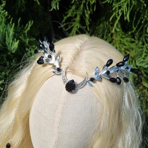 Black Moon tiara with crystal beads, Elven crown, Dark Elf Headpiece, Gothic Costume Circlet, Alternative Fantasy Wedding Crown