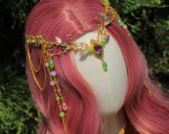 Woodland Fairy Crown, Elven Hair Chain, Pink and Green Crystal Headpiece, Gold Forest Circlet