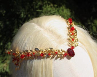 Red Phoenix Tiara, Gold Laurel Fantasy Crown, Elven wedding