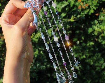 Celestial Amethyst Moonstone Chatelaine Brooch, Victorian Fantasy Pin, Witchy Accessory