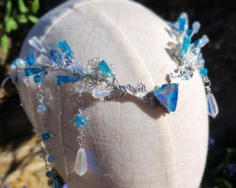 Blue Mermaid Crystal Tiara, Pearl Ocean Fantasy crown, Fairy Bridal Costume Headpiece