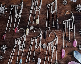 Quartz crystal ear cuff, No piercing dangle earring, Whimsigoth jewelry, Witchy earrings, Fairy earrings, fantasy earrings, festival jewelry