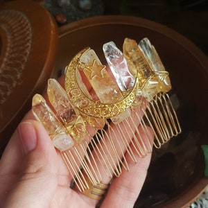 Citrine moon witchy crystal comb, mermaid elven festival hair pin, boho alternative wedding comb, gothic elven headband crystal crown