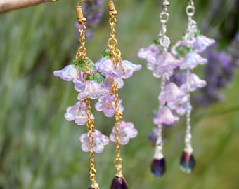 Wisteria drop Earrings, Purple lavender Flower Cottagecore earrings, Bell Floral jewelry