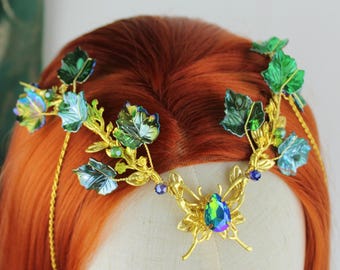 Tiara da fata dei boschi con foglie di edera, corona a farfalla verde, copricapo da elfo dorato per cosplay, gioielli da foresta fantasy